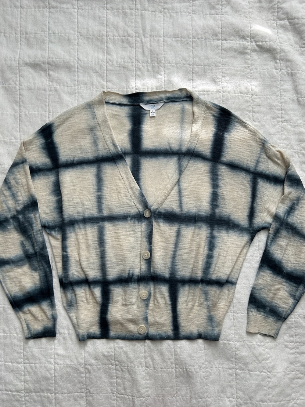 Time and Tru Cream & Blue Grid Tie-Dye V-Neck Cardigan